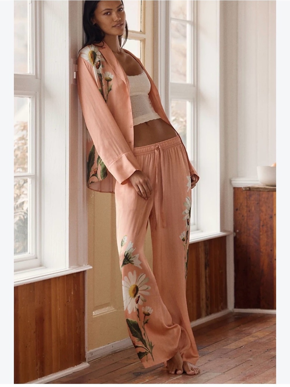 Women's Floral Satin Pajama Set - Peach